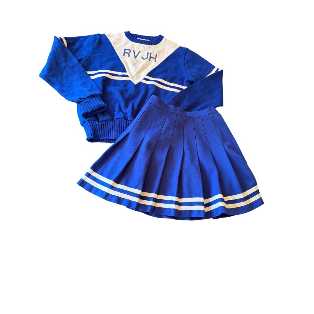 Dehen Cheerleader Uniform Blue White RVJH Knit Sweater Pleated Skirt Set L 9